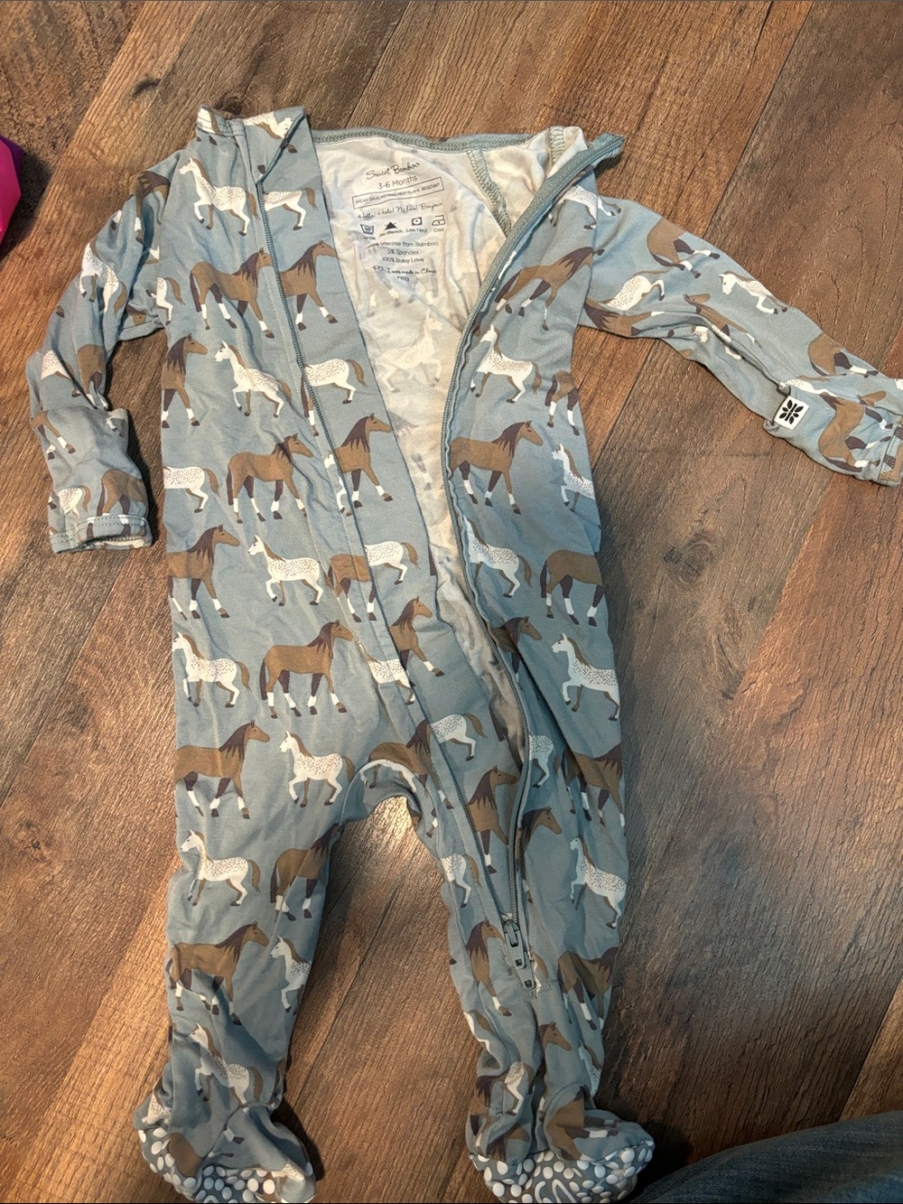 Baby Footed One-Piece Pajama with Horse Print - Light Blue